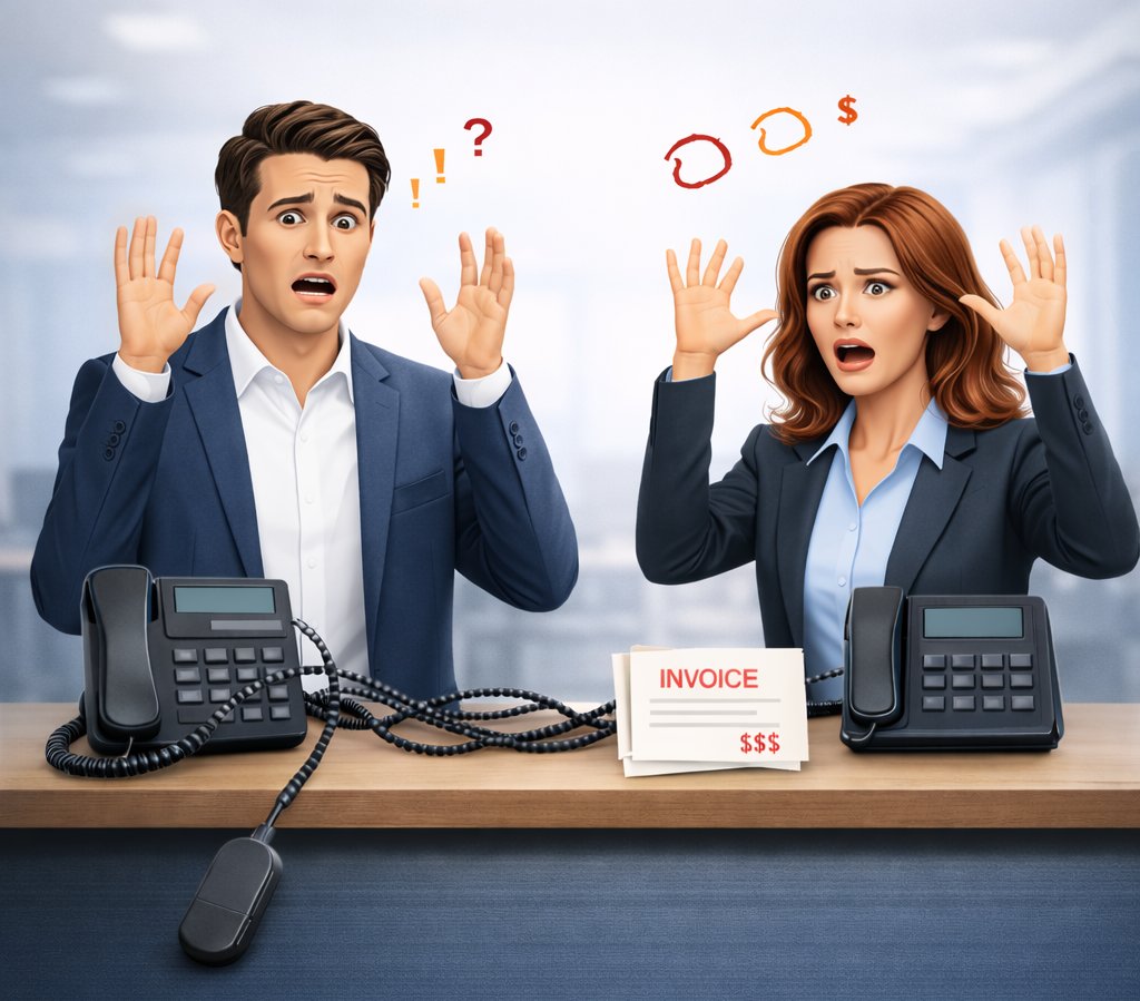 Two frustrated office workers next to old desk phones and a large phone invoice